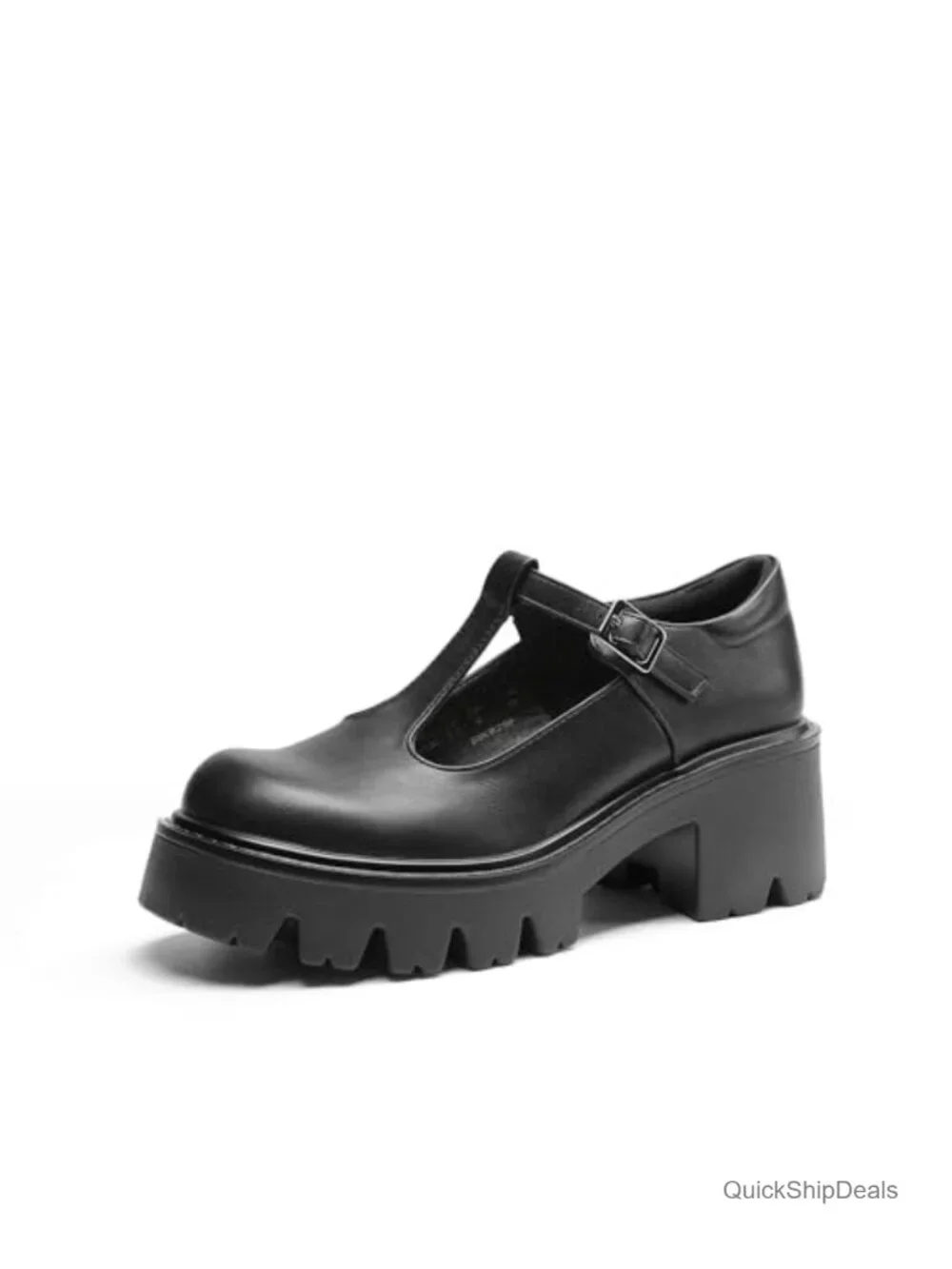 Faux Leather T-Strap Mary Jane Platform Pumps with Lug Sole Heels